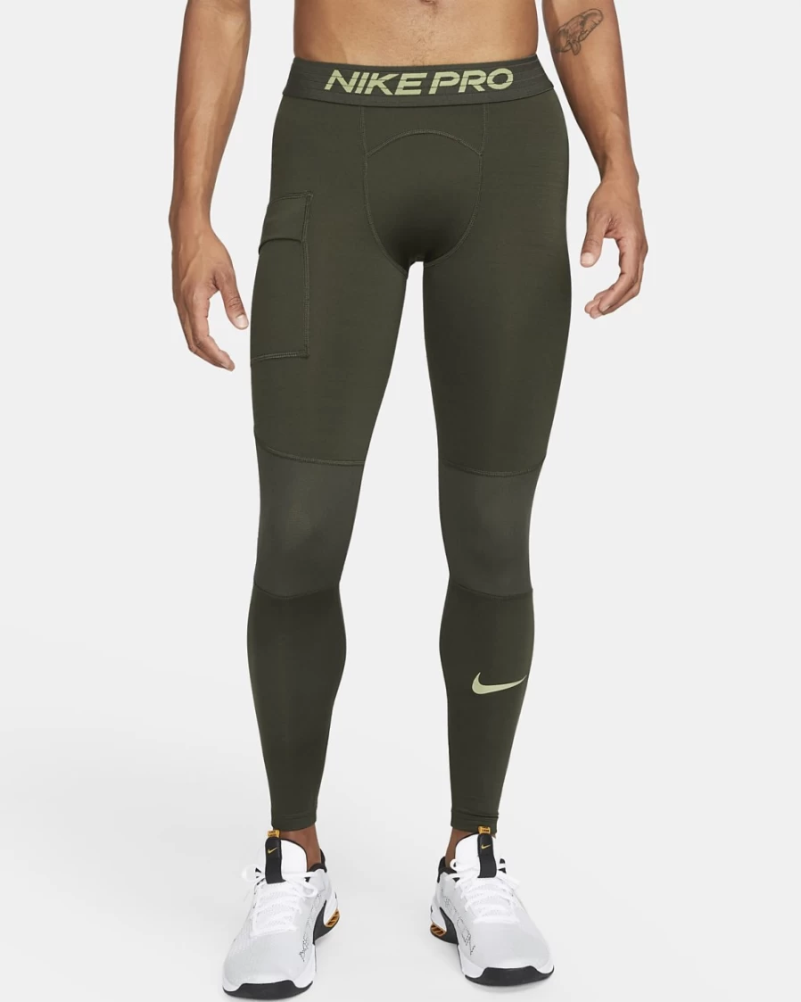 Nike Pro Warm Men's Tights - Sequoia/Alligator Color for Training & Cold Weather