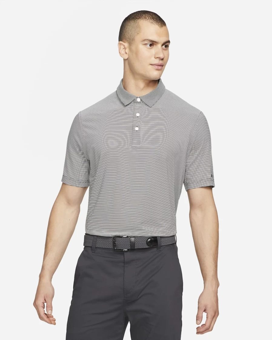 Nike Dri-FIT Player Men's Golf Polo Shirt - Moisture-Wicking, Striped Design, Black/Iron Grey/Brushed Silver