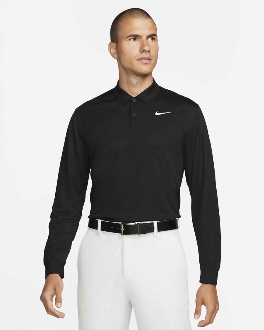 Nike Dri-FIT Victory Men's Long-Sleeve Golf Polo Shirt - Black/White, Moisture-Wicking Performance Top for Men