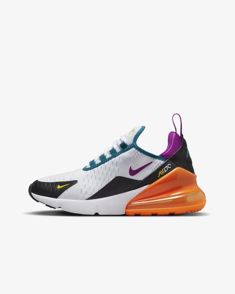 Nike Air Max 270 Big Kids' Sneakers for Boys & Girls - White/Black/Total Orange/Vivid Purple