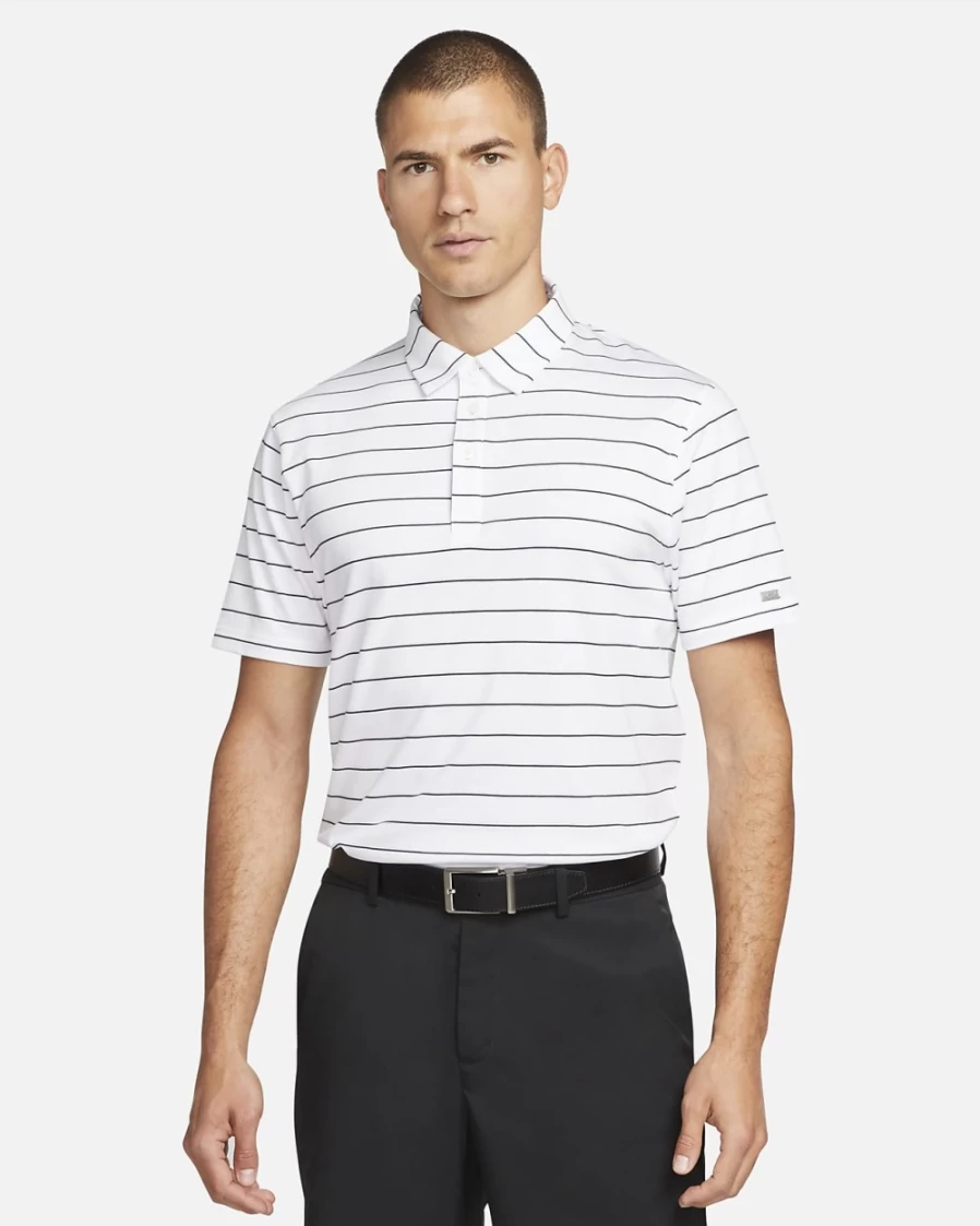 Nike Men's Dri-FIT Striped Golf Polo Shirt - White & Brushed Silver, Moisture-Wicking Performance Top