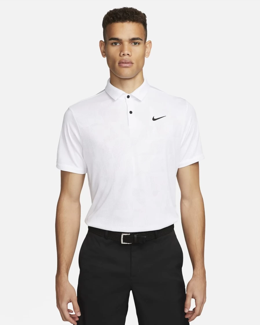 Nike Men's Dri-FIT Tour Jacquard Golf Polo Shirt - White/Black, Moisture-Wicking Performance Top