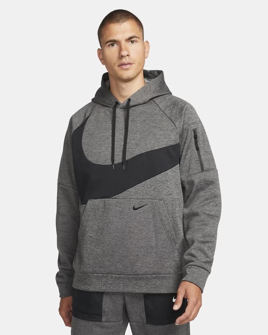 Nike Therma-FIT Men's Hoodie - Charcoal Heather, Dark Smoke Grey & Black Pullover for Fitness