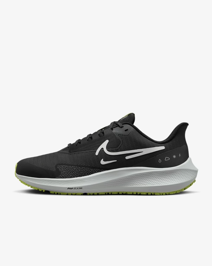 Nike Pegasus 39 Shield Men's Black Running Shoes - Weatherproof Road Trainers for Men in Dark Smoke Grey/Volt/White