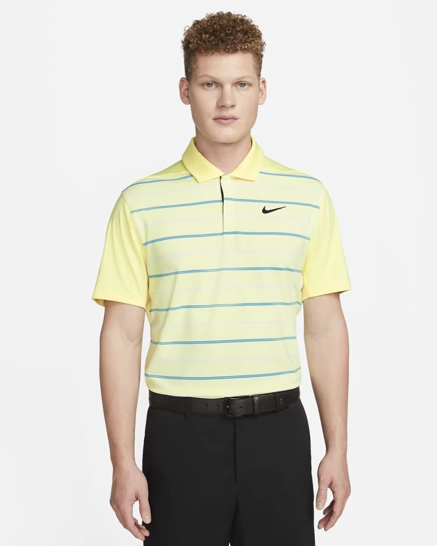 Nike Dri-FIT Tiger Woods Men's Golf Polo - Moisture-Wicking Striped Shirt in Citron Tint/White/Baltic Blue/Black