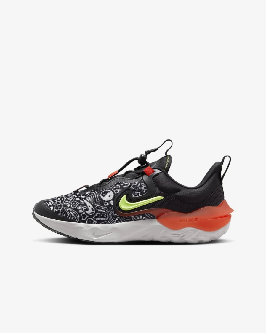 Nike Run Flow JP Big Kids' Easy On/Off Running Shoes for Boys and Girls - Black, Picante Red, Summit White, Light Lemon Twist