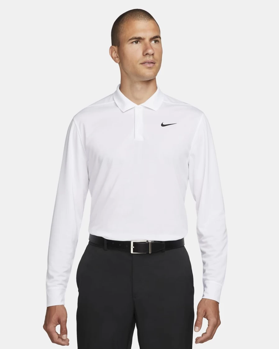 Nike Dri-FIT Victory Men's Long-Sleeve Golf Polo Shirt - White/Black - Moisture-Wicking Performance Top