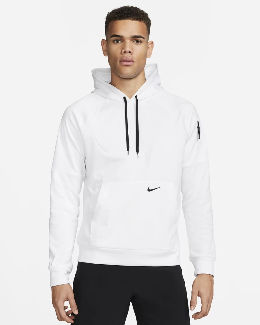 Nike Therma-FIT Men's Pullover Hoodie - White & Black Fitness Sweatshirt for Men