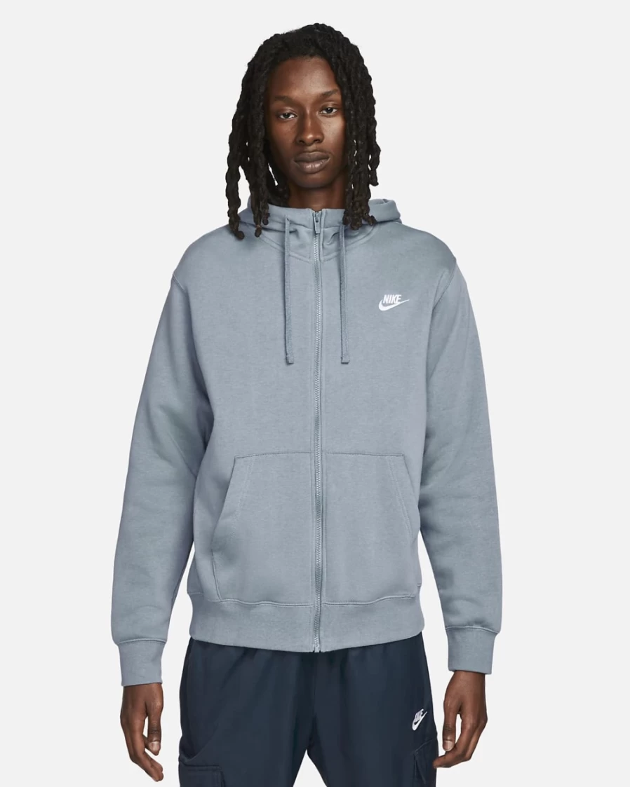 Nike Men's Sportswear Club Fleece Full-Zip Hoodie in Ashen Slate & White