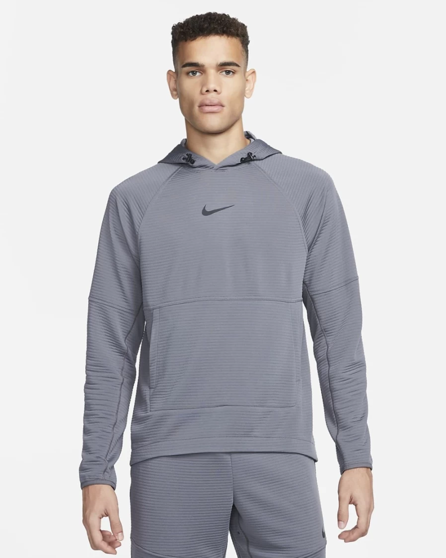 Nike Pro Dri-FIT Men's Fleece Pullover Hoodie - Iron Grey/Black - Moisture-Wicking Workout Top