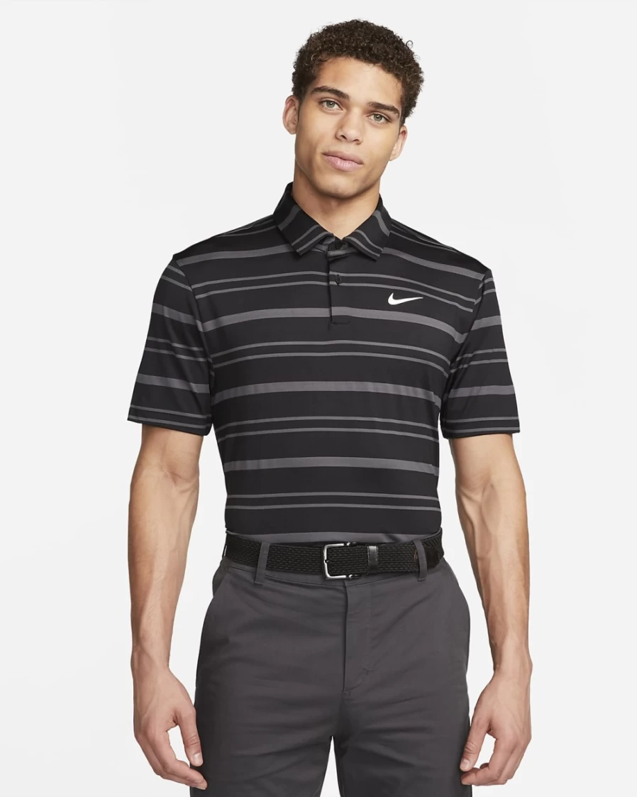 Nike Dri-FIT Tour Men's Golf Polo Shirt - Moisture-Wicking, Striped Design, Black/Anthracite/White