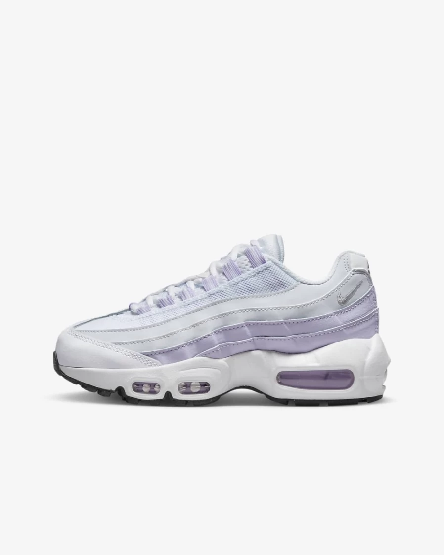 Nike Air Max 95 Recraft Big Kids' Sneakers in White/Pure Platinum/Violet Frost/Metallic Silver for Boys and Girls