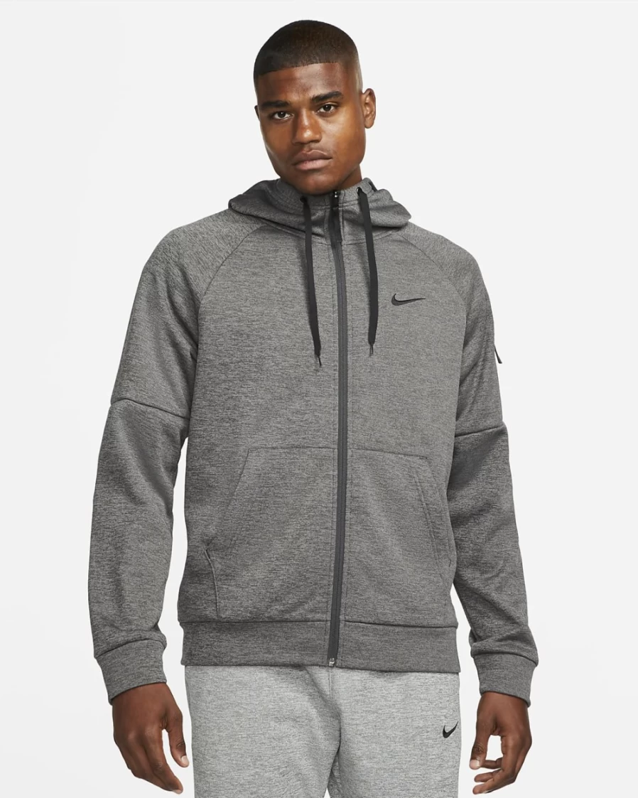 Nike Therma-FIT Men's Full-Zip Hoodie - Charcoal Heather, Dark Smoke Grey, Black - Fitness & Training Jacket