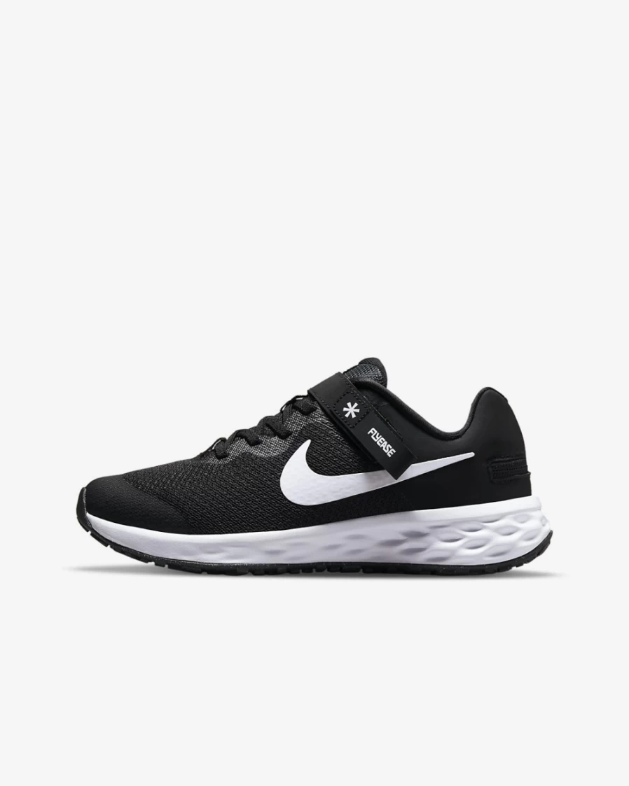 Nike Revolution 6 FlyEase Big Kids' Road Running Shoes - Easy On/Off - Black/Dark Smoke Grey/White - Boys & Girls