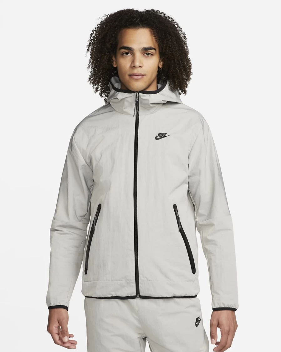 Nike Men's Tech Woven Full-Zip Hooded Jacket in Cobblestone/Black - Lightweight Lined Sportswear