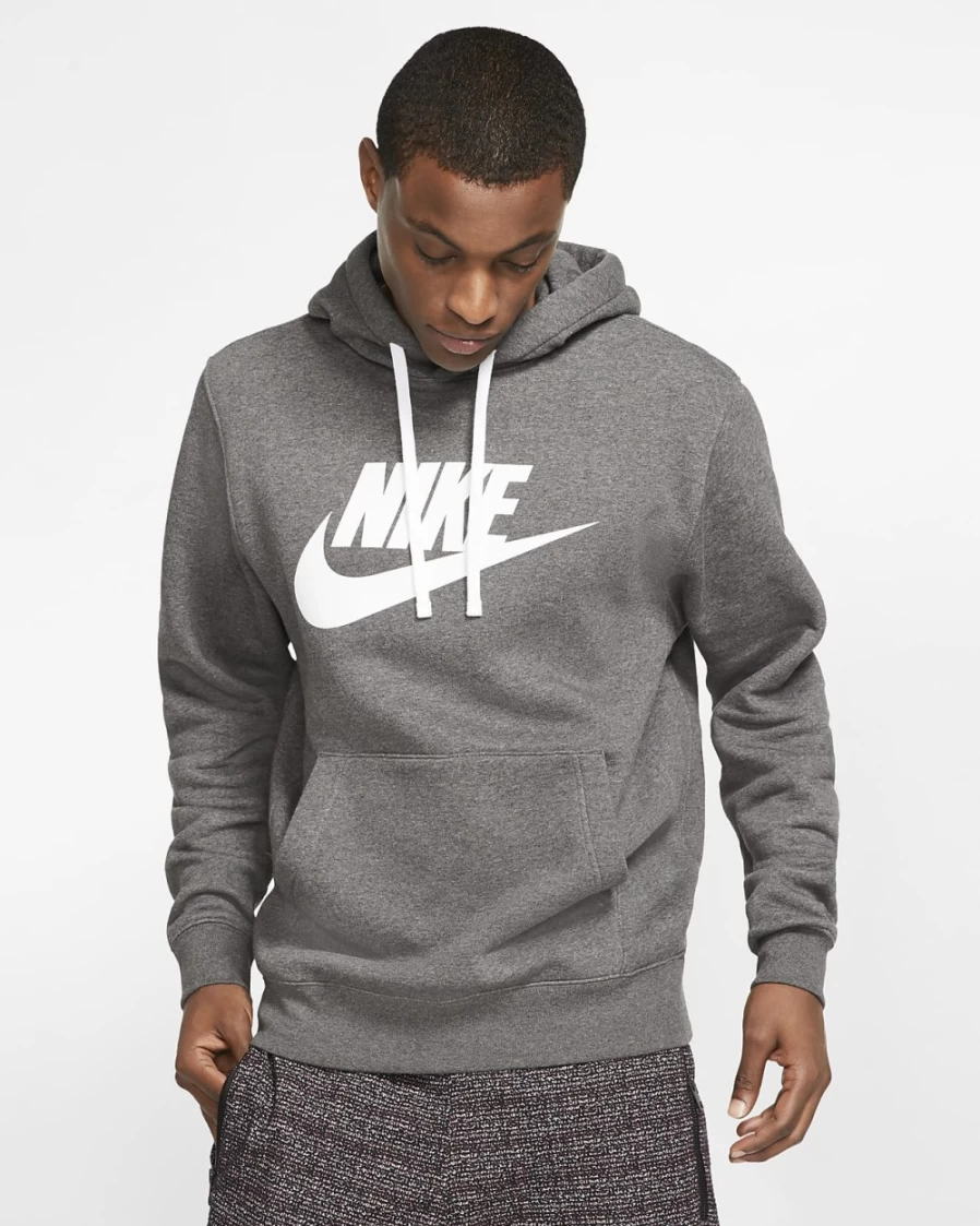 Nike Men's Club Fleece Graphic Pullover Hoodie - Charcoal Heather/White Cozy Sweatshirt