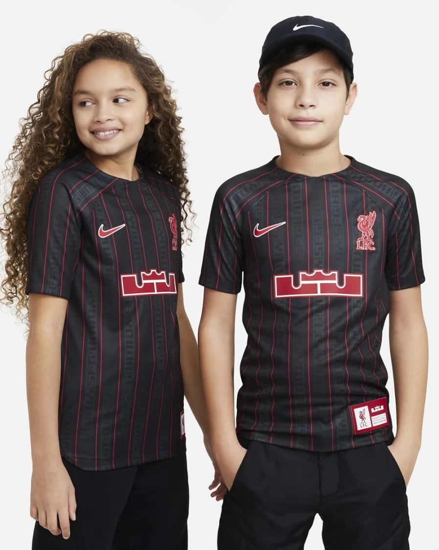 Nike Dri-FIT LeBron x Liverpool FC Anthracite Gym Red Soccer Jersey for Boys and Girls