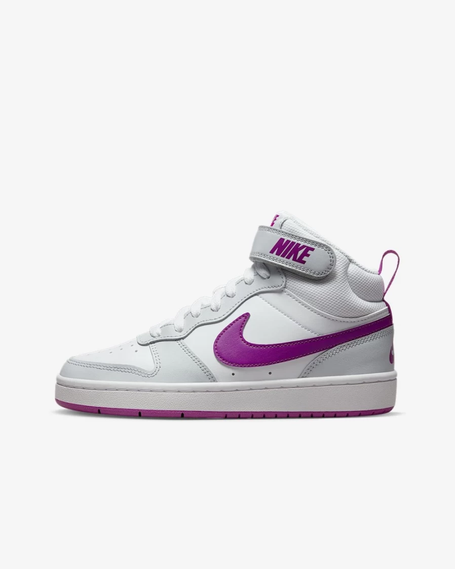 Nike Court Borough Mid 2 Big Kids' Shoes - Pure Platinum/White/Mint Foam/Vivid Purple - Unisex Boys Girls Sneakers