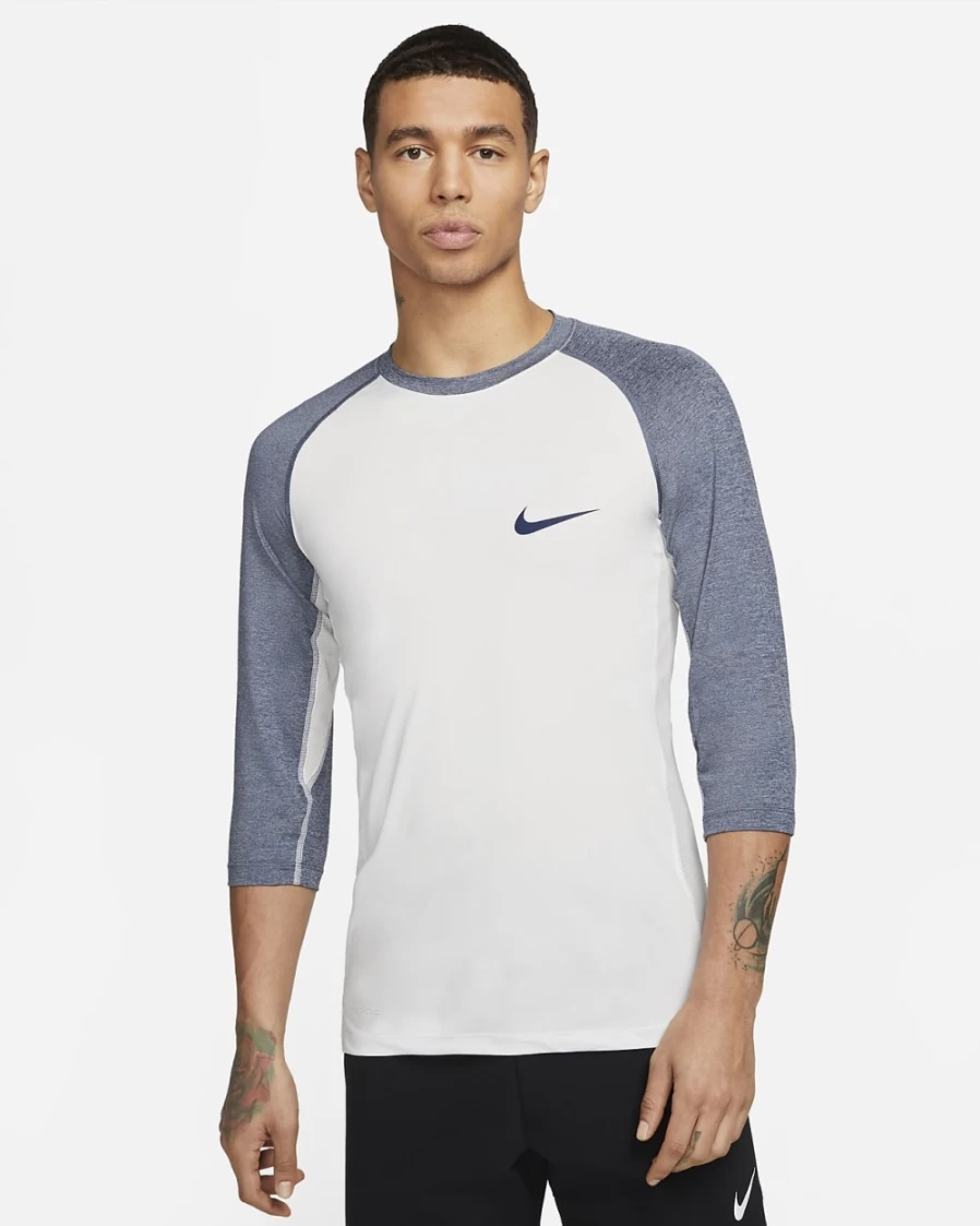 Nike Dri-FIT Men's 3/4-Length Sleeve Baseball Top in Summit White/Midnight Navy
