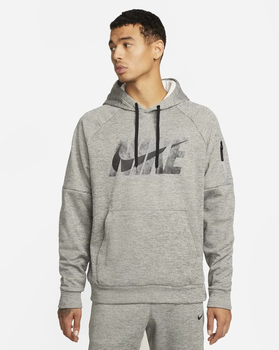 Nike Therma-FIT Men's Dark Grey Heather Pullover Hoodie - Lightweight Fitness Sweatshirt for Training & Running