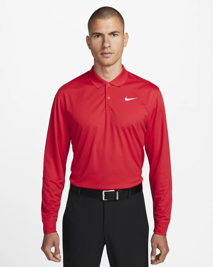 Nike Dri-FIT Victory Men's Long-Sleeve Golf Polo Shirt - University Red/White, Moisture-Wicking Performance Top for Golfers