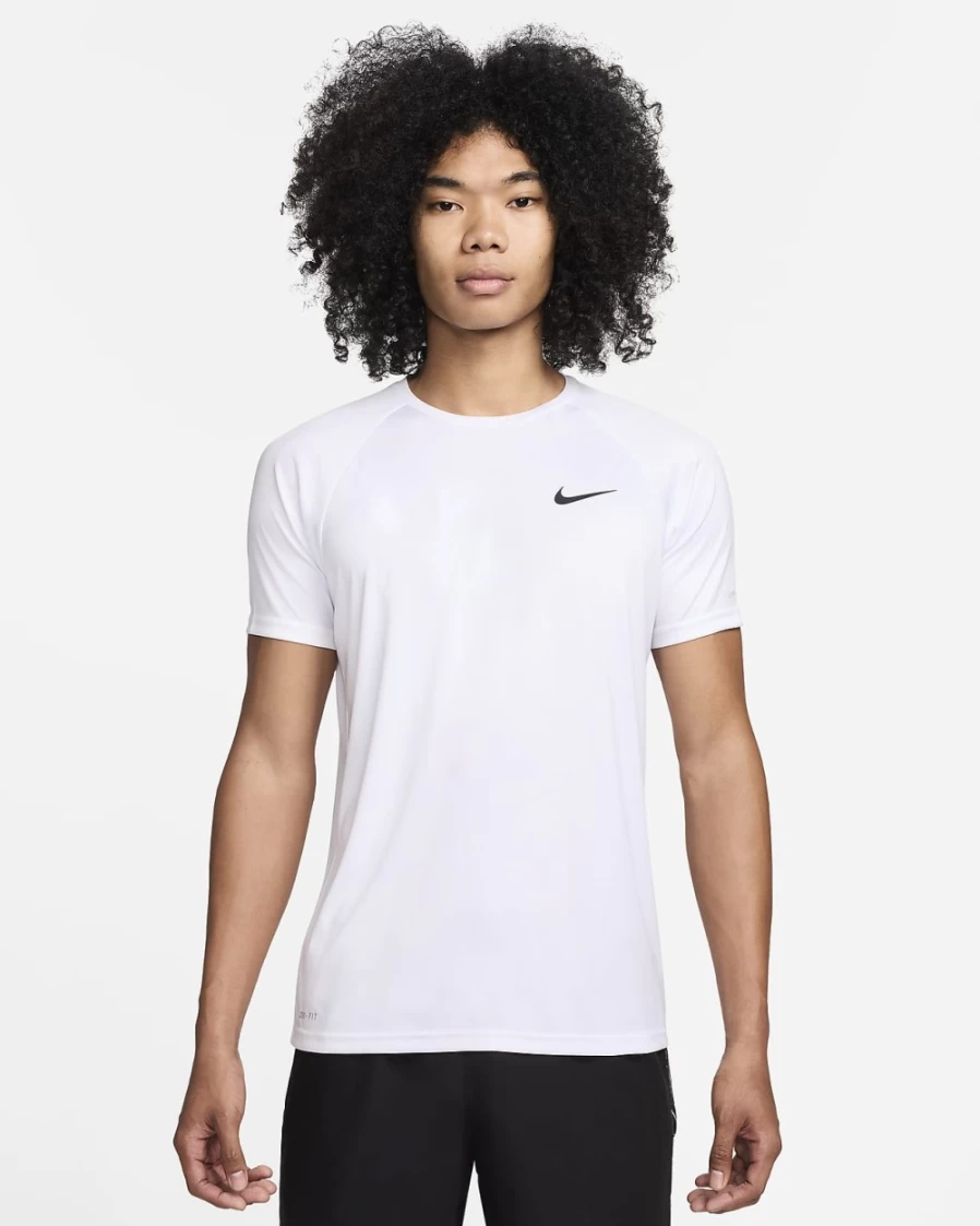 Nike Men's White Hydroguard UPF Swim Shirt - Short-Sleeve Quick-Dry Swim Top