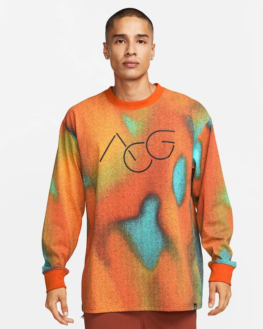 Nike ACG Men's Long-Sleeve T-Shirt in Tour Yellow, Light Menta & Campfire Orange Allover Print