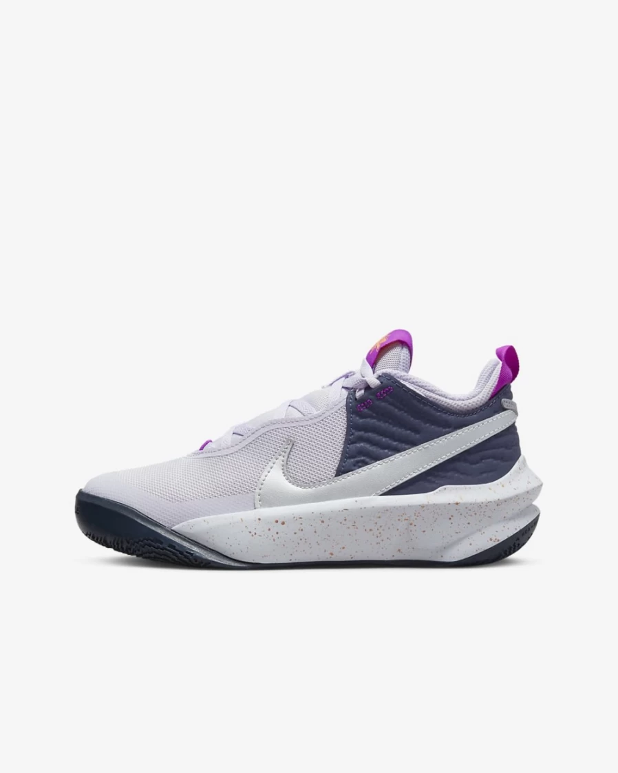 Nike Team Hustle D 10 SE Big Kids' Basketball Shoes for Boys & Girls in Barely Grape/Thunder Blue/Vivid Purple/Metallic Silver