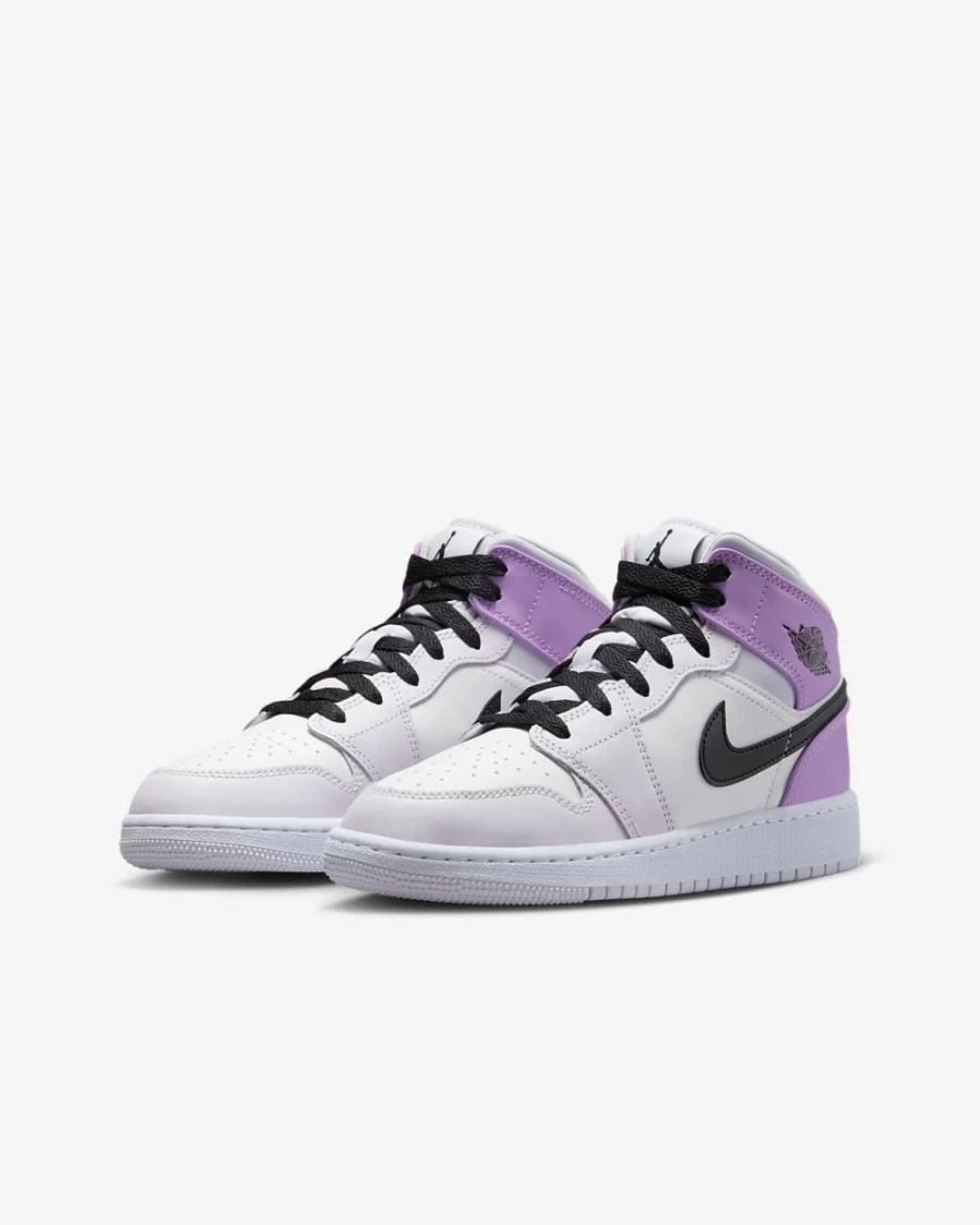 Nike Air Jordan 1 Mid Big Kids' Sneakers in Barely Grape/White/Rush Fuchsia/Black for Boys and Girls