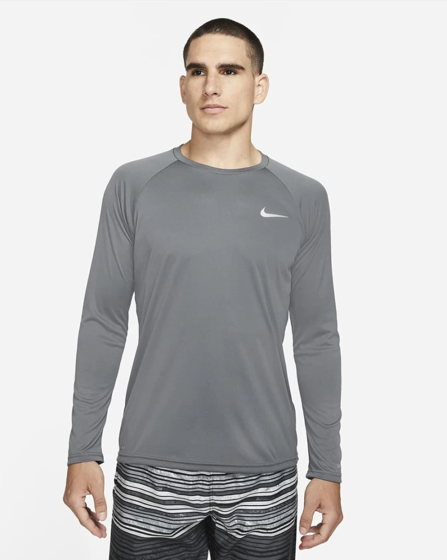 Nike Men's Iron Grey Hydroguard Long-Sleeve Swim Shirt - Essential UPF Sun Protection Top
