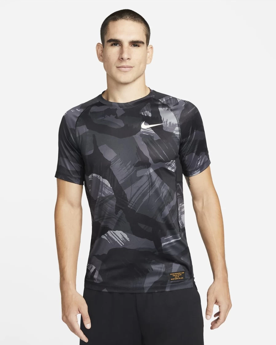 Nike Pro Dri-FIT Men's Training T-Shirt - Black/Coconut Milk Camo, Moisture-Wicking Slim Fit Top