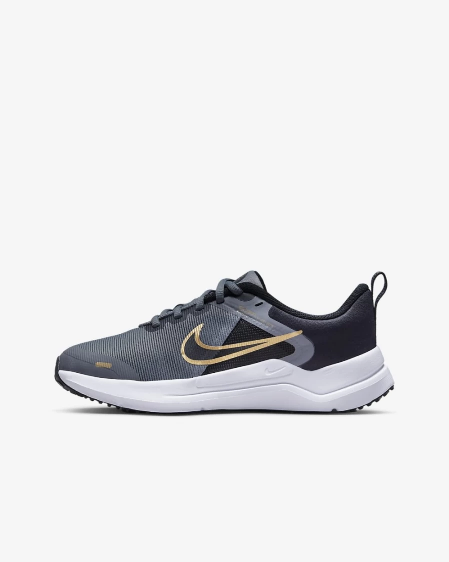 Nike Downshifter 12 Big Kids' Road Running Shoes - Cool Grey/Black/White/Metallic Gold - Boys & Girls Athletic Sneakers