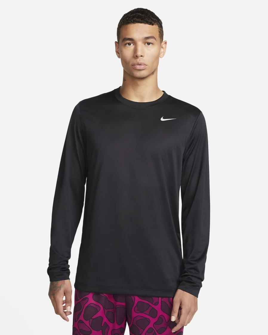 Nike Dri-FIT Legend Men's Long-Sleeve Workout Shirt - Black/Matte Silver - Moisture-Wicking Training Top