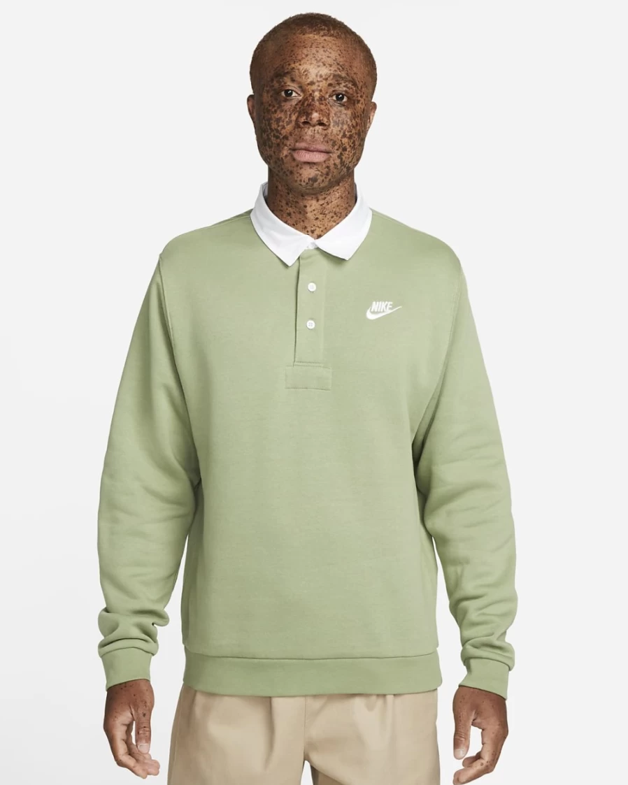 Nike Club Fleece Men's Long-Sleeve Polo Shirt - Oil Green & White, Brushed-Back Comfort, Casual Wear
