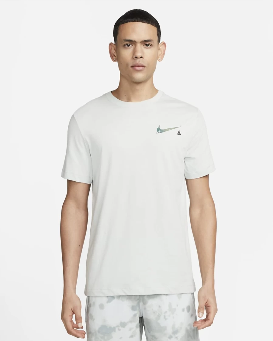 Nike Dri-FIT Men's Light Silver Yoga T-Shirt - Moisture-Wicking Workout Top