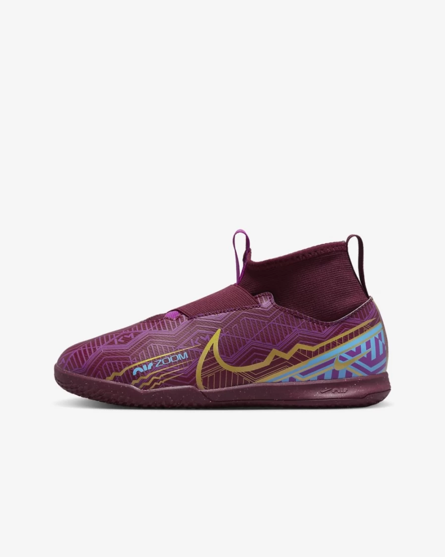 Nike Jr. Mercurial Zoom Superfly 9 Academy KM IC Kids' Soccer Shoes - Dark Beetroot/University Blue/Vivid Purple/Metallic Vivid Gold - Boys & Girls Indoor/Court Football Cleats