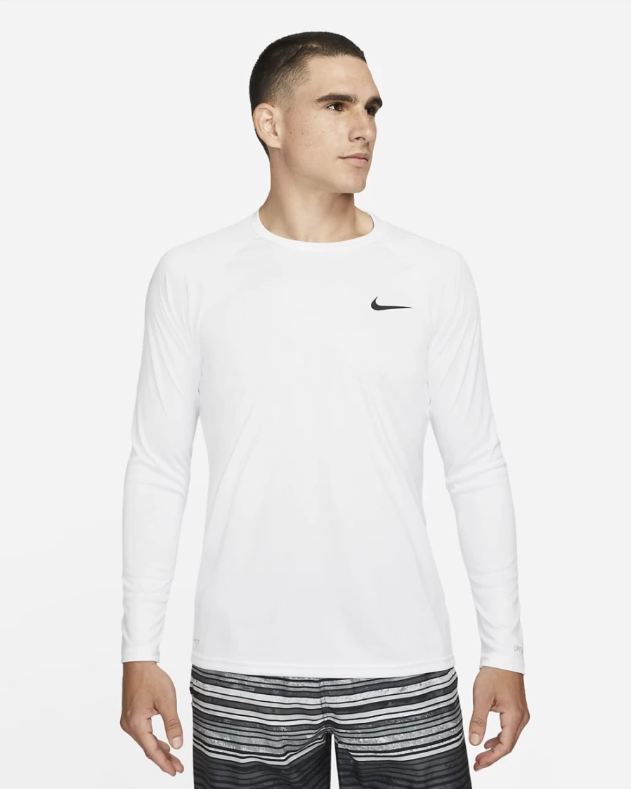 Nike Men's White Hydroguard Long-Sleeve Swim Shirt – UPF Sun Protection Quick-Dry Essential