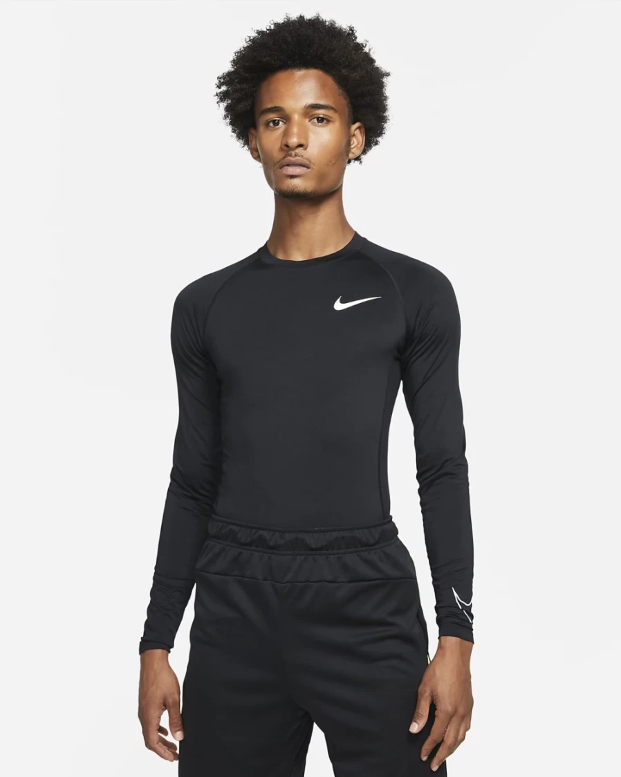Nike Pro Dri-FIT Men's Tight Fit Long-Sleeve Top - Black/White - Moisture-Wicking Training Shirt