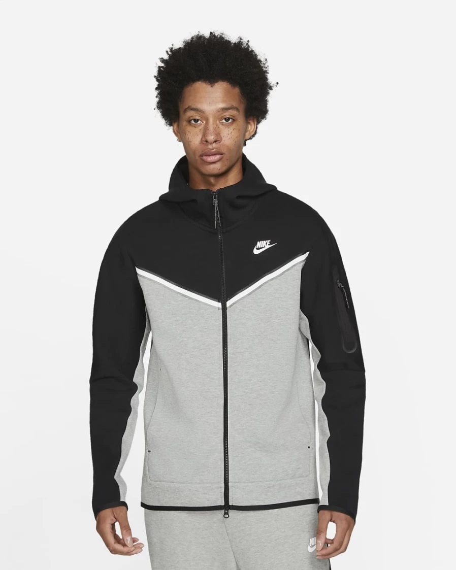 Nike Men's Tech Fleece Full-Zip Hoodie - Black, Dark Grey Heather, White | Sportswear