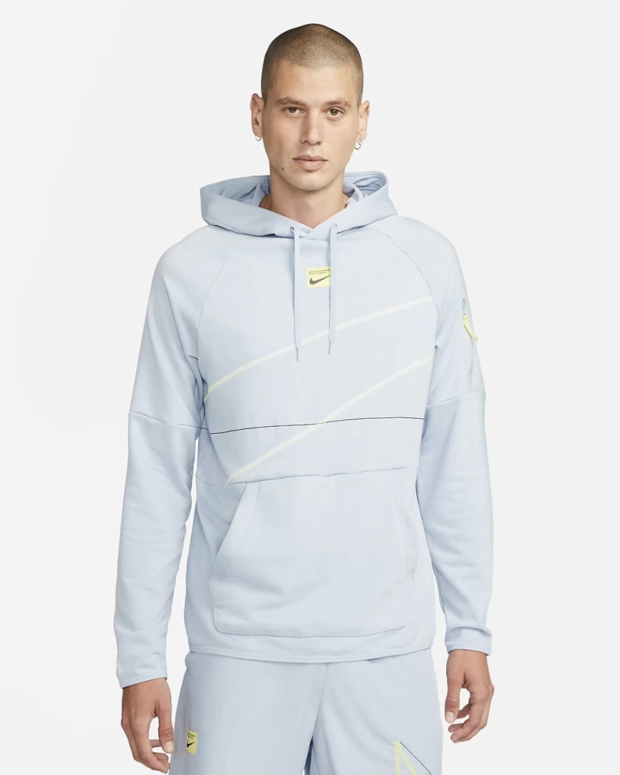 Nike Dri-FIT Men's Fleece Pullover Hoodie - Blue Whisper & Lemon Chiffon - Fitness & Training Sweatshirt