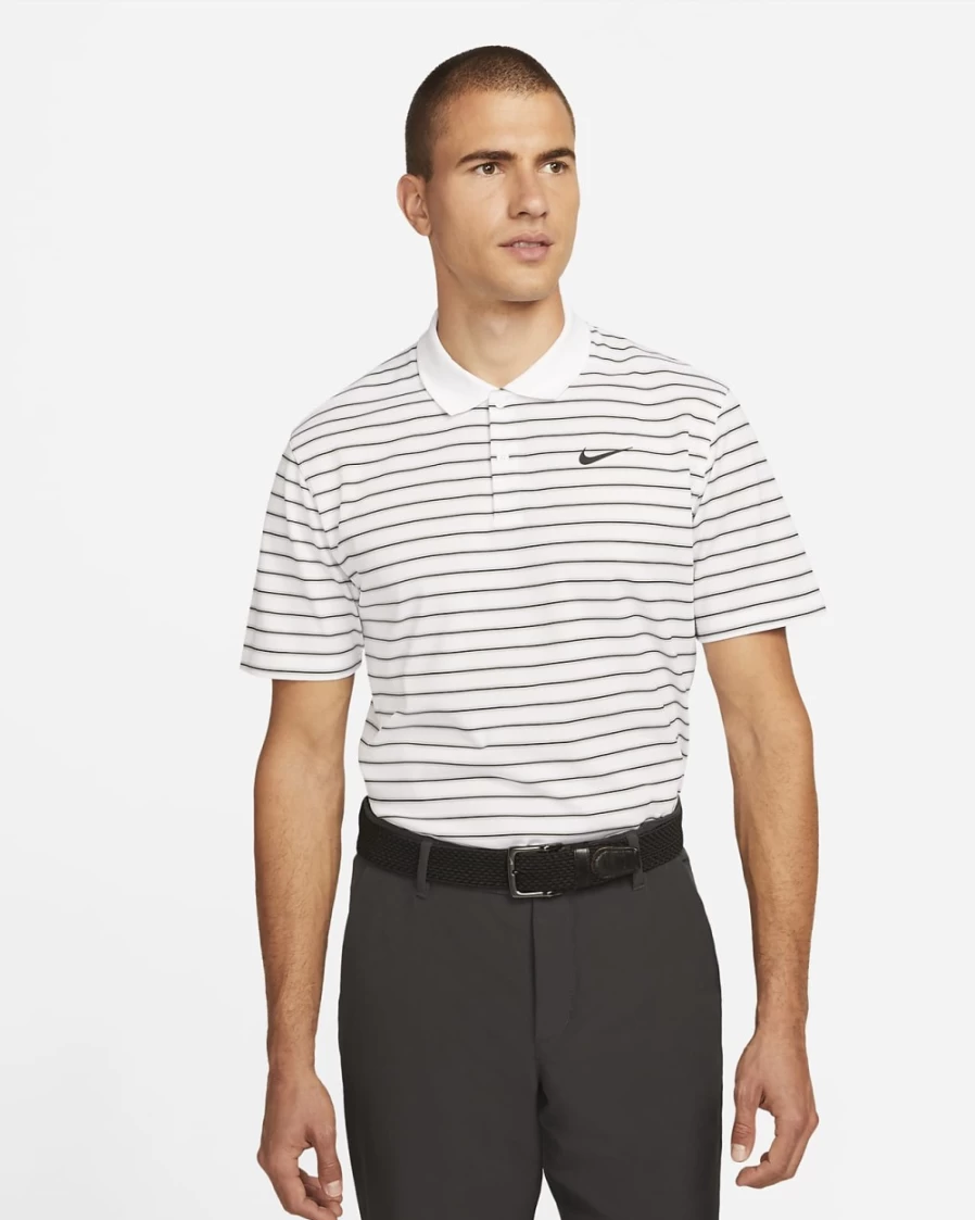 Nike Men's Dri-FIT Victory Striped Golf Polo Shirt - White & Black Moisture-Wicking Performance Top