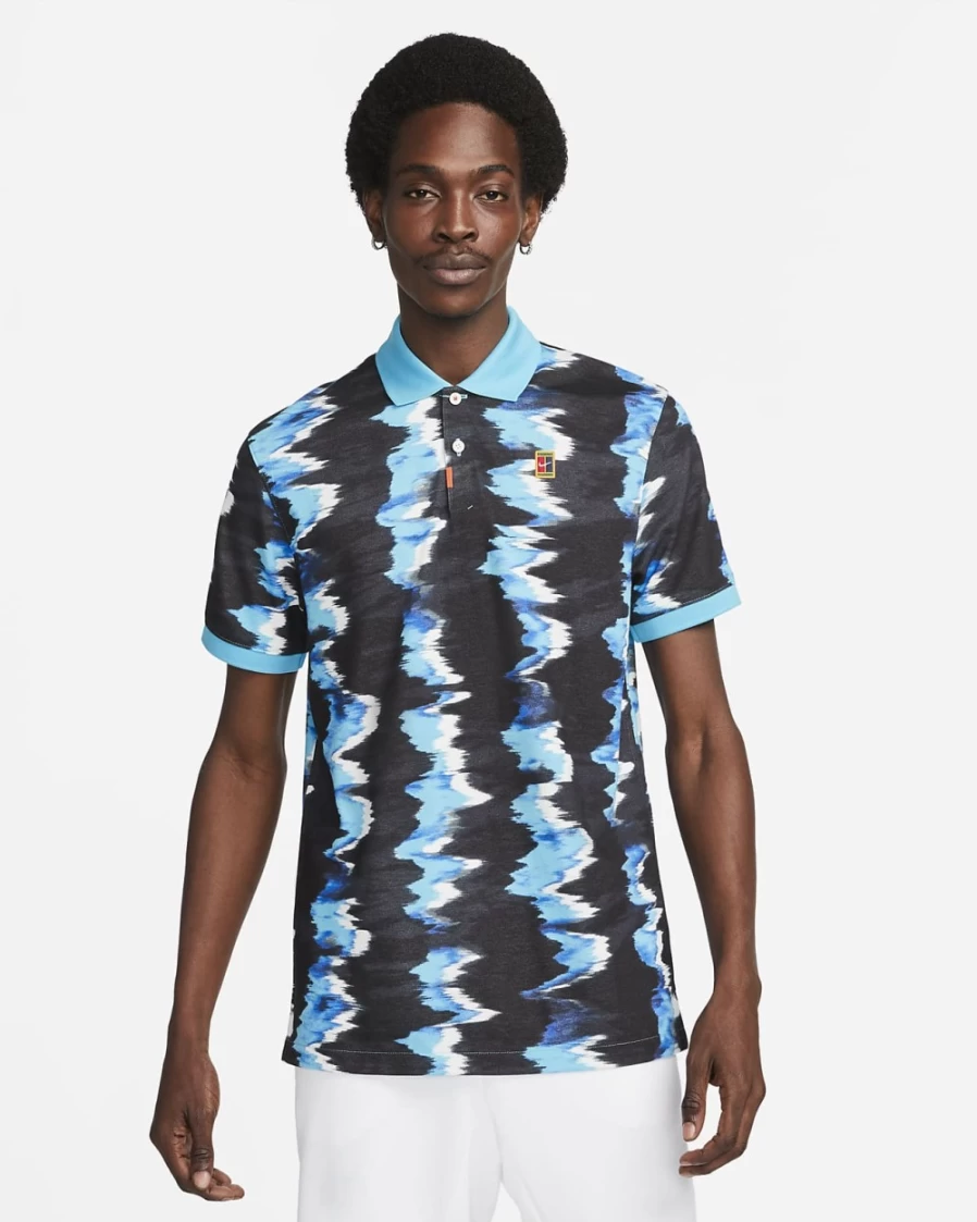 Nike Men's Baltic Blue Slim-Fit Polo Shirt with Print Design