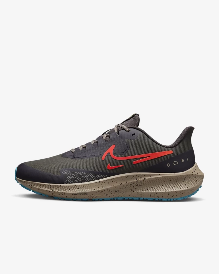 Nike Pegasus 39 Shield Men's Road Running Shoes - Medium Ash/Khaki/Cave Purple/Bright Crimson, Weather-Resistant for All Conditions