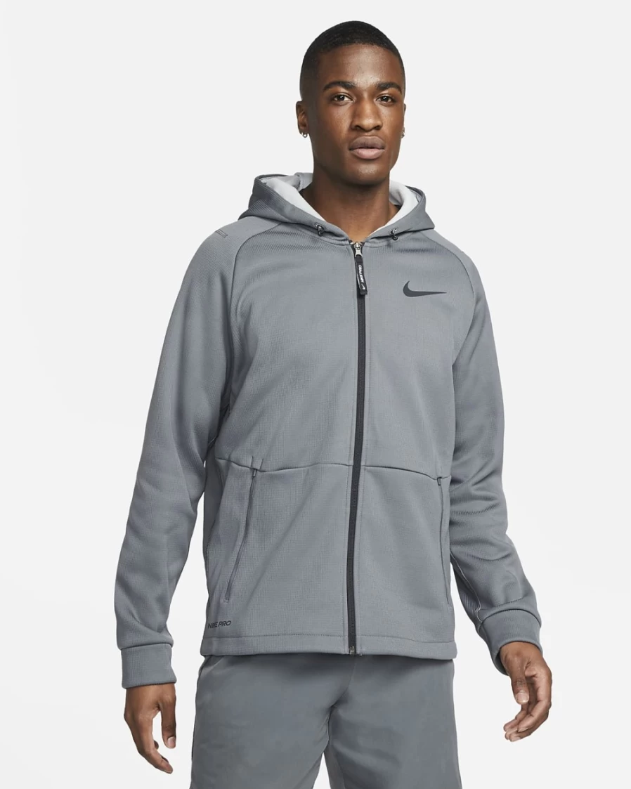 Nike Pro Therma-FIT Men's Full-Zip Hooded Jacket - Iron Grey/Light Smoke Grey/Black - Thermal Training Pullover for Men