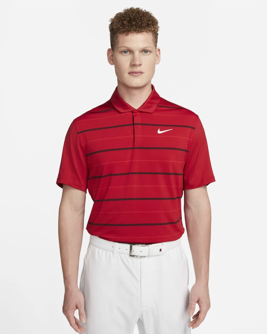 Nike Dri-FIT Tiger Woods Men's Golf Polo - Gym Red, University Red, Black & White Striped Performance Shirt