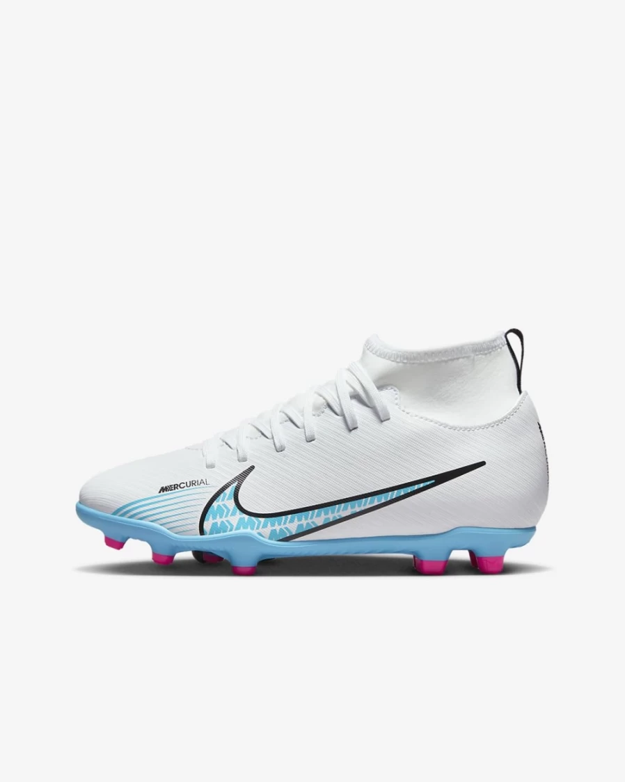 Nike Jr. Mercurial Superfly 9 Club FG/MG Kids' Soccer Cleats for Boys & Girls - White/Pink Blast/Baltic Blue - Multi-Ground Football Shoes