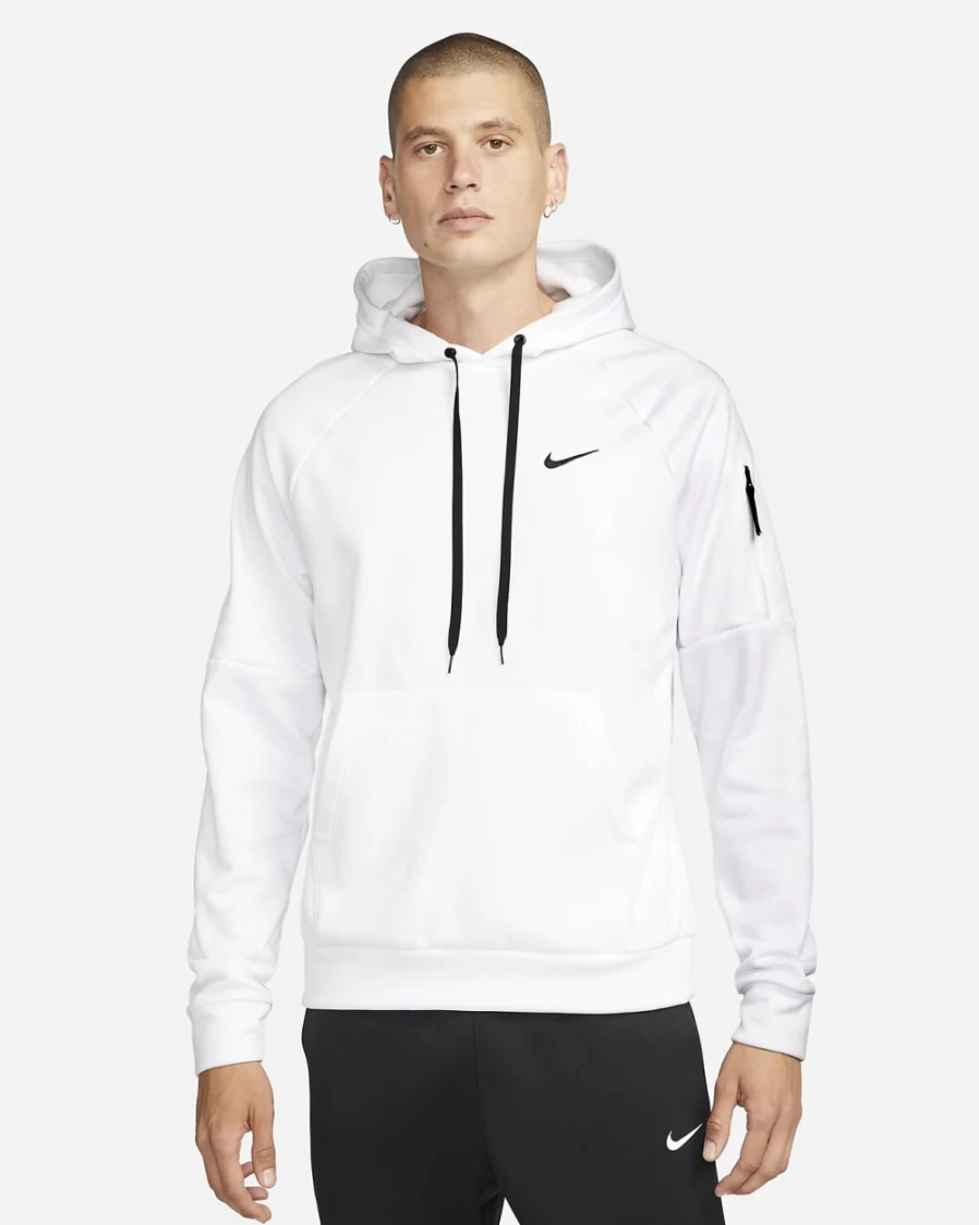 Nike Therma-FIT Men's White Black Pullover Hoodie for Fitness & Training