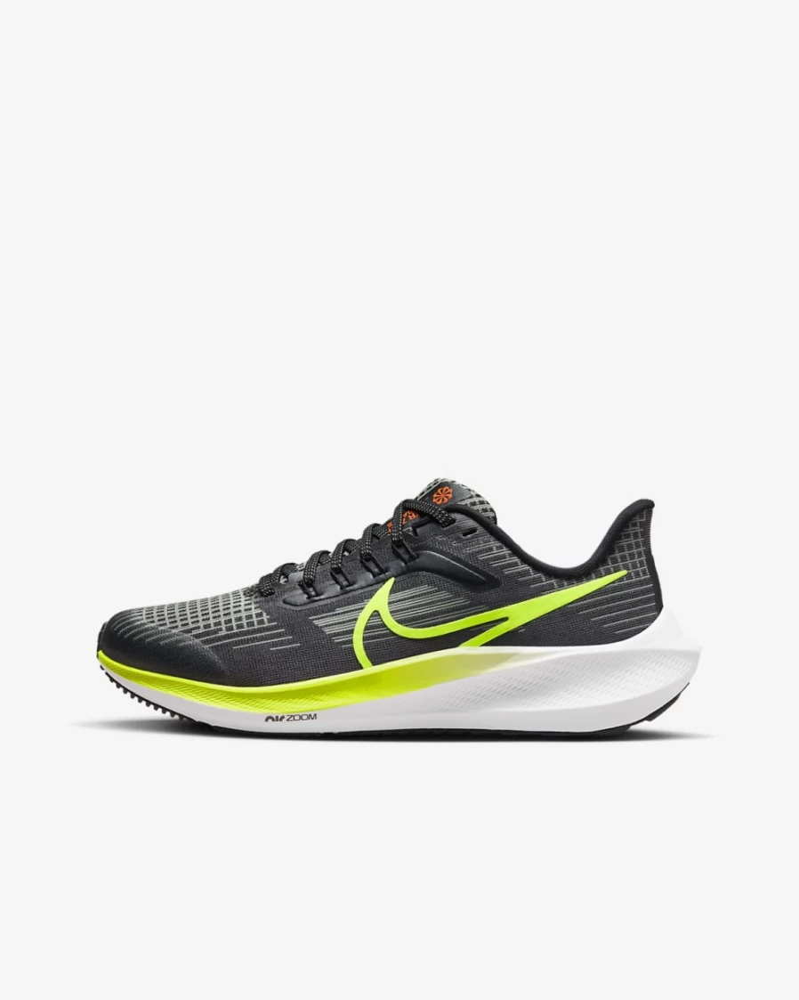 Nike Air Zoom Pegasus 39 Kids' Road Running Shoes for Boys & Girls - Black/Barely Volt/Total Orange/Volt