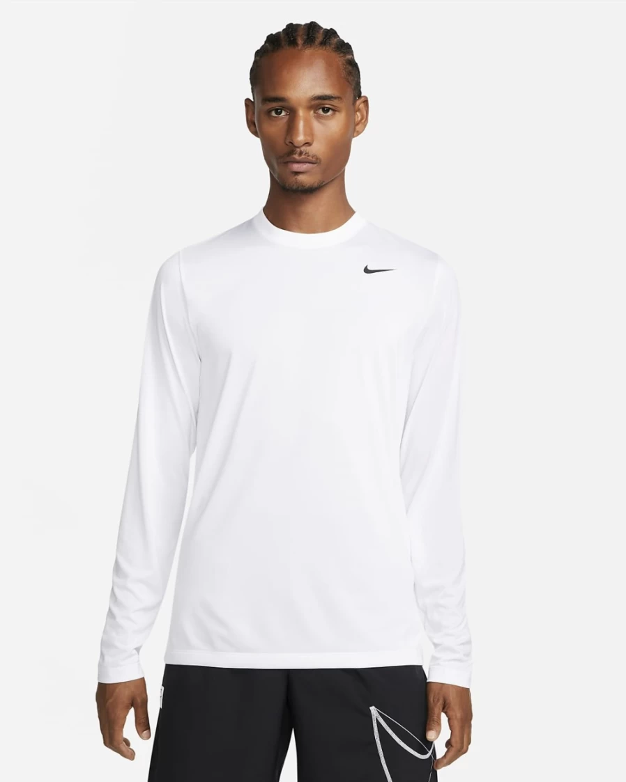 Nike Dri-FIT Legend Men's Long-Sleeve Workout Shirt - White/Black - Moisture-Wicking Training Top for Men