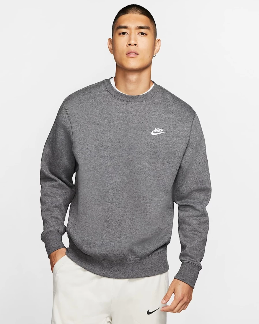 Nike Men's Club Fleece Crew Sweatshirt - Charcoal Heather/White